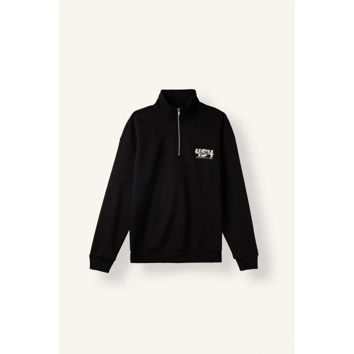 Defacto H3868AXBK81 Siyah Boxy Fit Yarım Fermuarlı Dik Yakalı Baskılı Uzun Kollu Sweatshirt