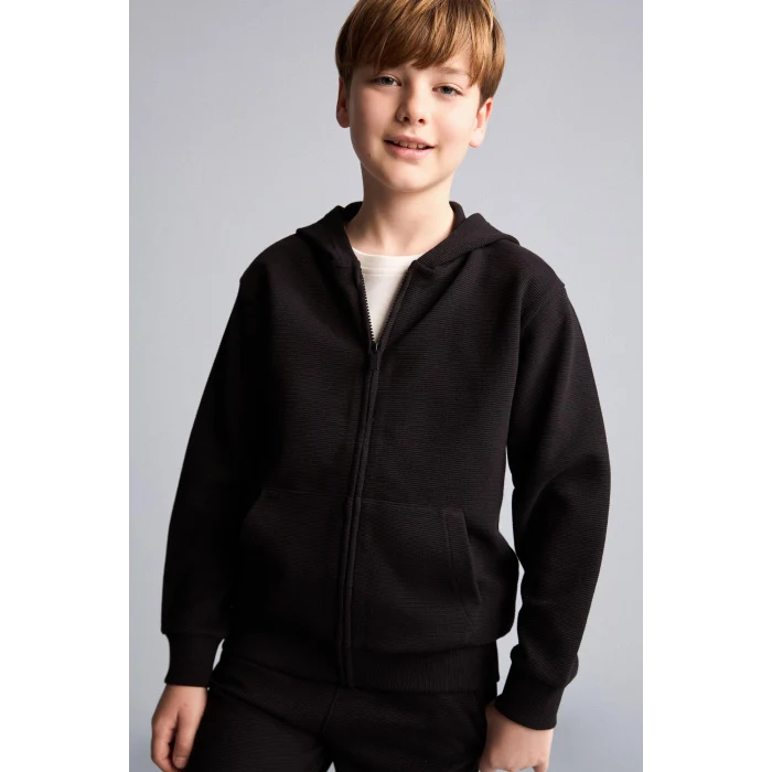 Defacto H2847A8BK81 Siyah Kapüşonlu Basic Fermuarlı Cepli Sweatshirt Hırka Erkek Çocuk