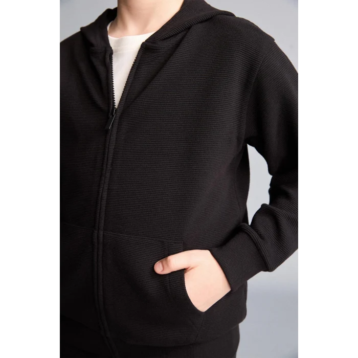 Defacto H2847A8BK81 Siyah Kapüşonlu Basic Fermuarlı Cepli Sweatshirt Hırka Erkek Çocuk