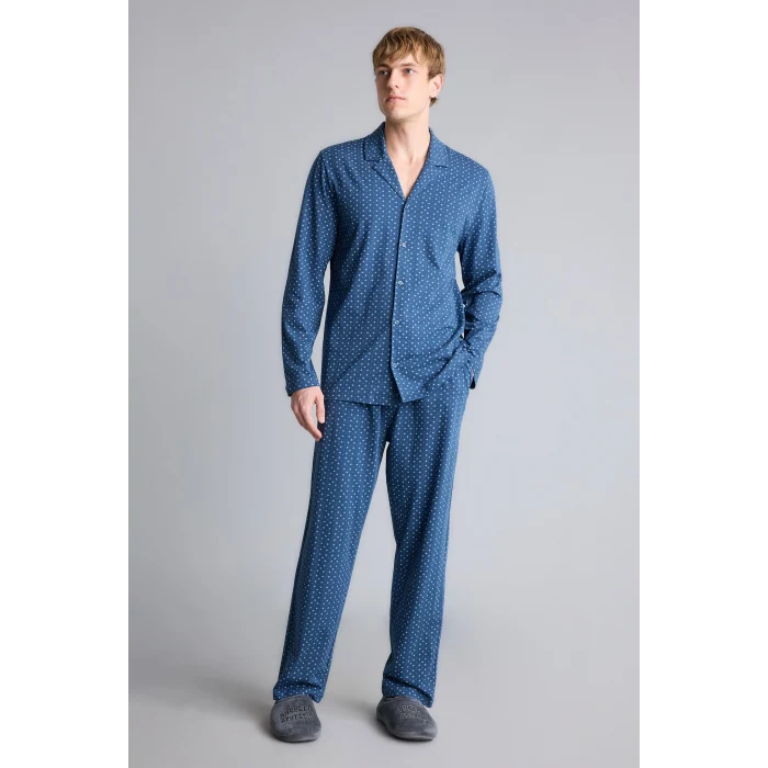 Defacto I2466AXNV164 Lacivert %100 Pamuk Regular Fit Mikro Desenli Uzun Kollu 2li Pijama Takımı