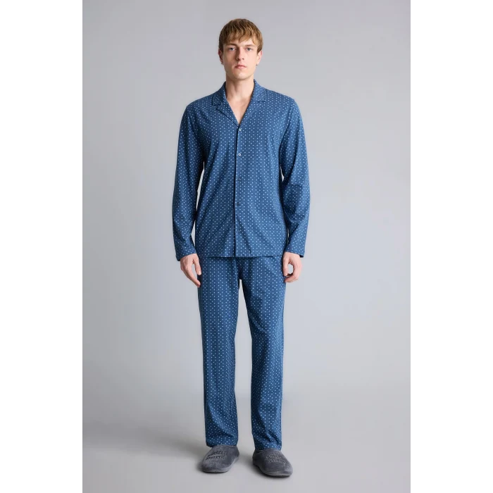 Defacto I2466AXNV164 Lacivert %100 Pamuk Regular Fit Mikro Desenli Uzun Kollu 2li Pijama Takımı