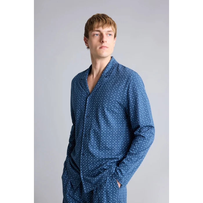 Defacto I2466AXNV164 Lacivert %100 Pamuk Regular Fit Mikro Desenli Uzun Kollu 2li Pijama Takımı