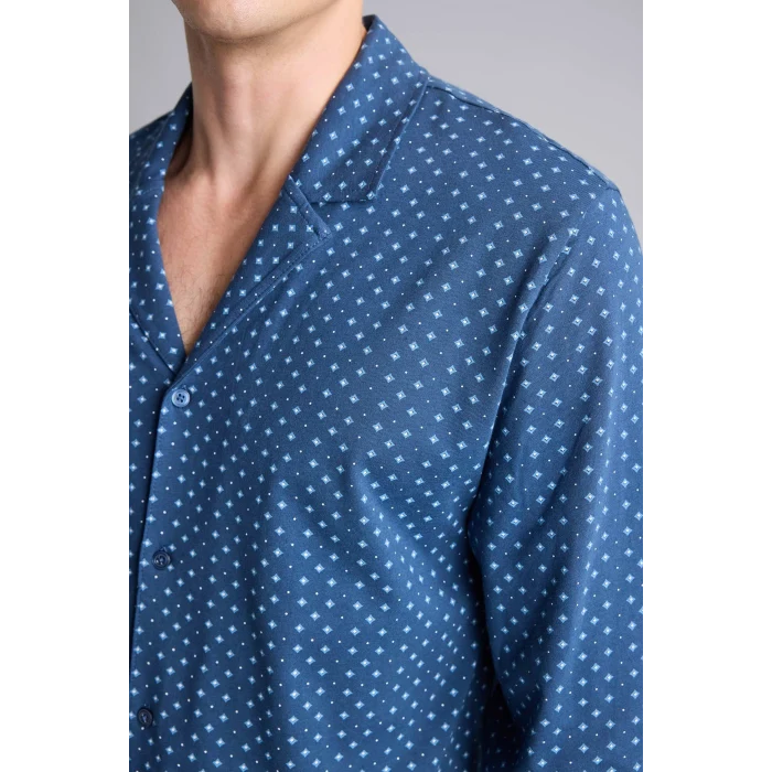 Defacto I2466AXNV164 Lacivert %100 Pamuk Regular Fit Mikro Desenli Uzun Kollu 2li Pijama Takımı