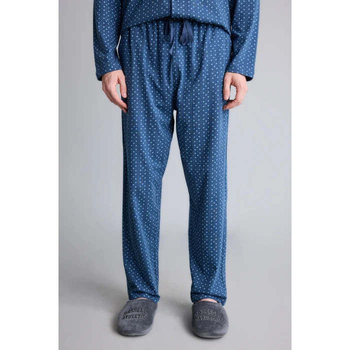 Defacto I2466AXNV164 Lacivert %100 Pamuk Regular Fit Mikro Desenli Uzun Kollu 2li Pijama Takımı