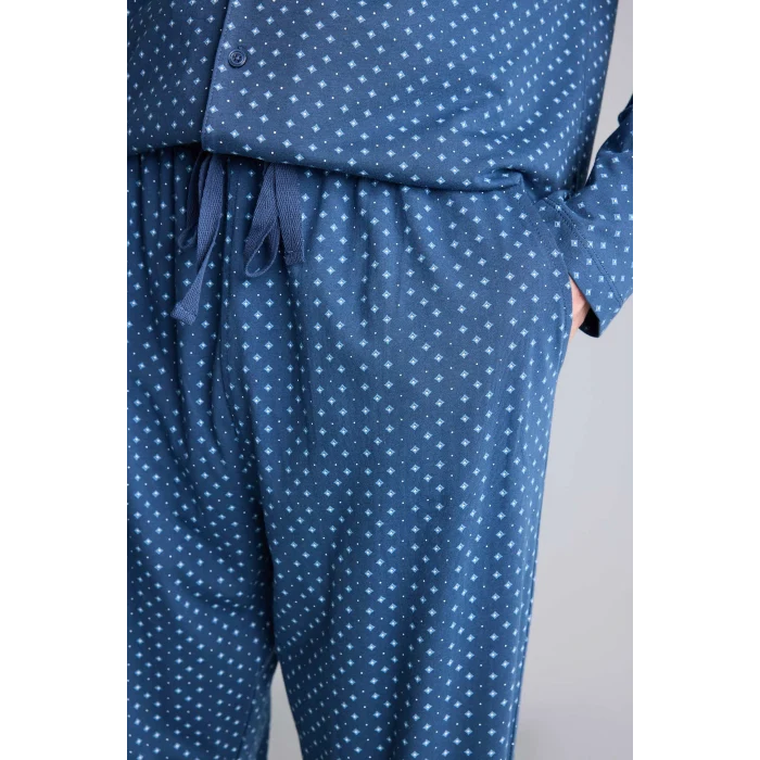 Defacto I2466AXNV164 Lacivert %100 Pamuk Regular Fit Mikro Desenli Uzun Kollu 2li Pijama Takımı