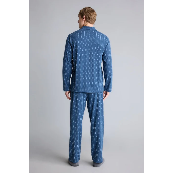 Defacto I2466AXNV164 Lacivert %100 Pamuk Regular Fit Mikro Desenli Uzun Kollu 2li Pijama Takımı