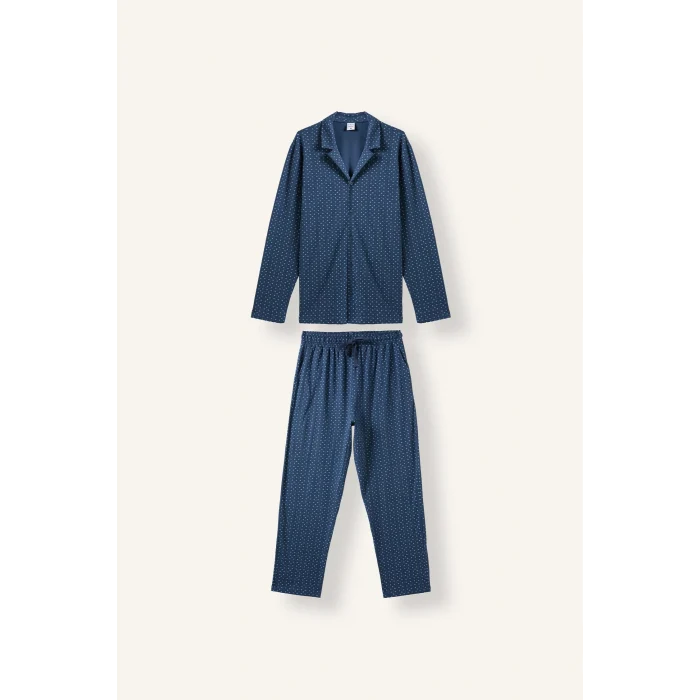 Defacto I2466AXNV164 Lacivert %100 Pamuk Regular Fit Mikro Desenli Uzun Kollu 2li Pijama Takımı