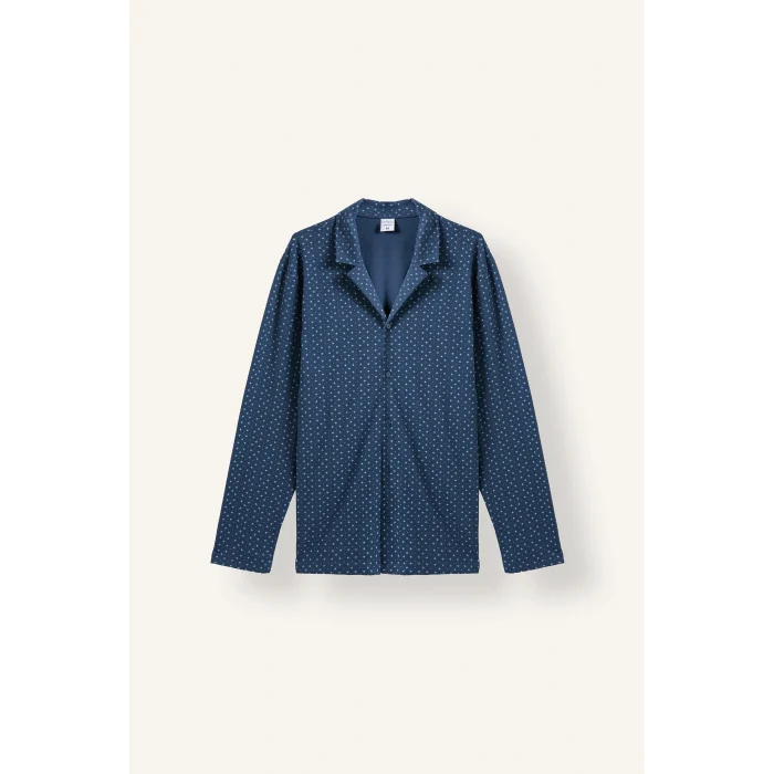 Defacto I2466AXNV164 Lacivert %100 Pamuk Regular Fit Mikro Desenli Uzun Kollu 2li Pijama Takımı