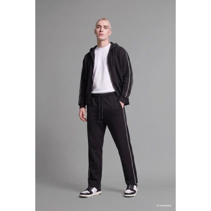 Defacto H4428AXBK81 Siyah Boxy Fit Şerit Detaylı Kapüşonlu Fermuarlı Basic Sweatshirt Hırka
