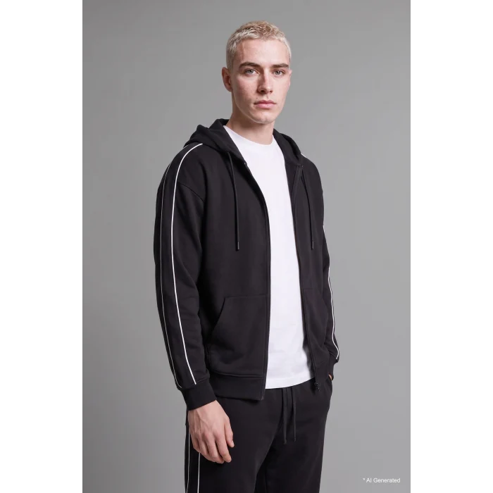 Defacto H4428AXBK81 Siyah Boxy Fit Şerit Detaylı Kapüşonlu Fermuarlı Basic Sweatshirt Hırka
