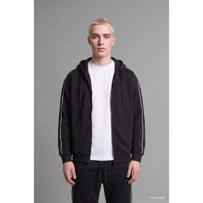 Defacto H4428AXBK81 Siyah Boxy Fit Şerit Detaylı Kapüşonlu Fermuarlı Basic Sweatshirt Hırka