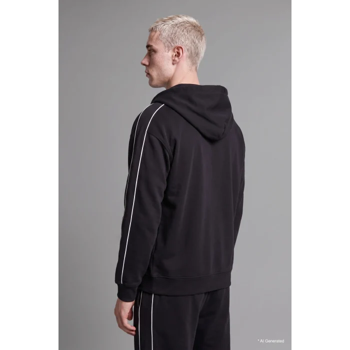Defacto H4428AXBK81 Siyah Boxy Fit Şerit Detaylı Kapüşonlu Fermuarlı Basic Sweatshirt Hırka