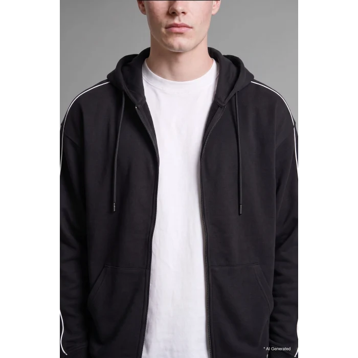 Defacto H4428AXBK81 Siyah Boxy Fit Şerit Detaylı Kapüşonlu Fermuarlı Basic Sweatshirt Hırka