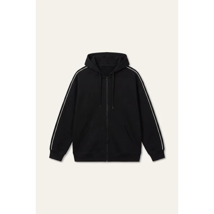 Defacto H4428AXBK81 Siyah Boxy Fit Şerit Detaylı Kapüşonlu Fermuarlı Basic Sweatshirt Hırka