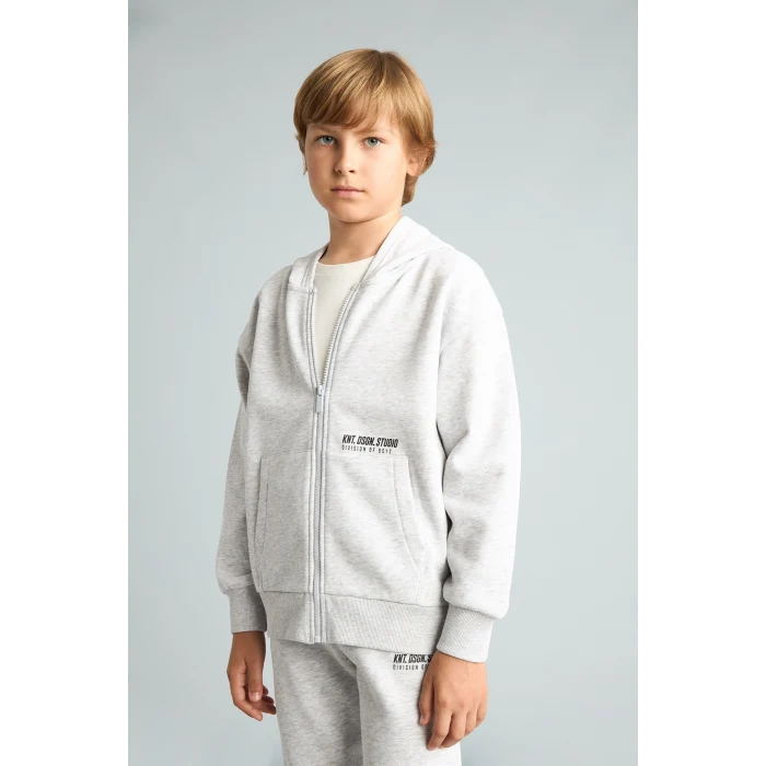 Defacto H9681A8GR400 Gri Baskılı Kapüşonlu Fermuarlı Cepli Sweatshirt Hırka Erkek Çocuk