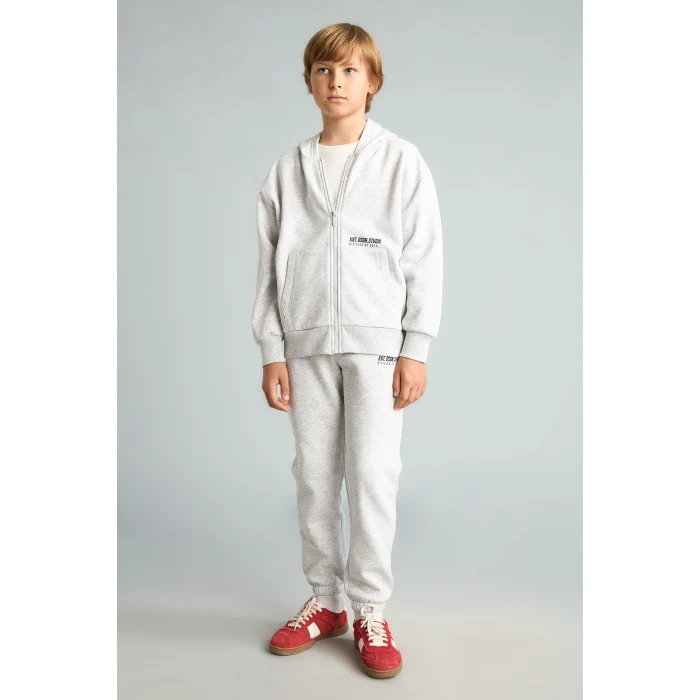 Defacto H9681A8GR400 Gri Baskılı Kapüşonlu Fermuarlı Cepli Sweatshirt Hırka Erkek Çocuk