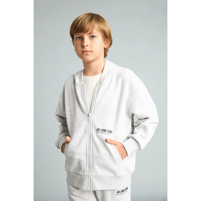 Defacto H9681A8GR400 Gri Baskılı Kapüşonlu Fermuarlı Cepli Sweatshirt Hırka Erkek Çocuk