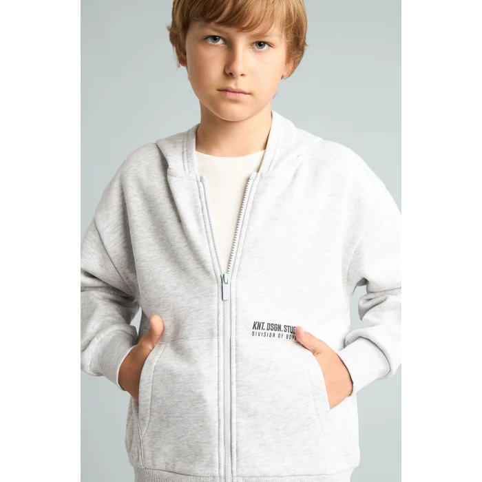 Defacto H9681A8GR400 Gri Baskılı Kapüşonlu Fermuarlı Cepli Sweatshirt Hırka Erkek Çocuk