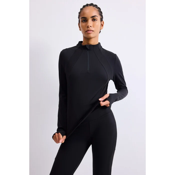 Defacto H5210AXBK81 Siyah Slim Fit Esnek Kumaş Dik Yaka Yarım Fermuarlı Sporcu Uzun Kollu Basic Tişört