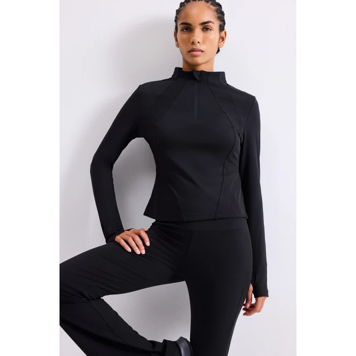 Defacto H5210AXBK81 Siyah Slim Fit Esnek Kumaş Dik Yaka Yarım Fermuarlı Sporcu Uzun Kollu Basic Tişört