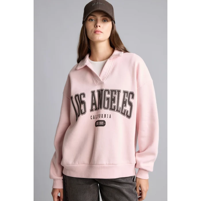 Defacto I6215AXPN38 Pembe Regular Fıt Kaçık Yaka Baskılı Kalın Sweatshirt Kumaşı Sweatshirt