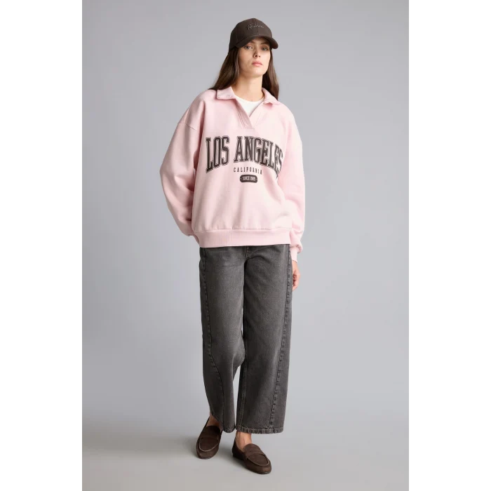 Defacto I6215AXPN38 Pembe Regular Fıt Kaçık Yaka Baskılı Kalın Sweatshirt Kumaşı Sweatshirt