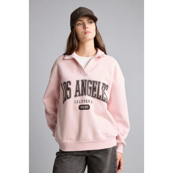 Defacto I6215AXPN38 Pembe Regular Fıt Kaçık Yaka Baskılı Kalın Sweatshirt Kumaşı Sweatshirt