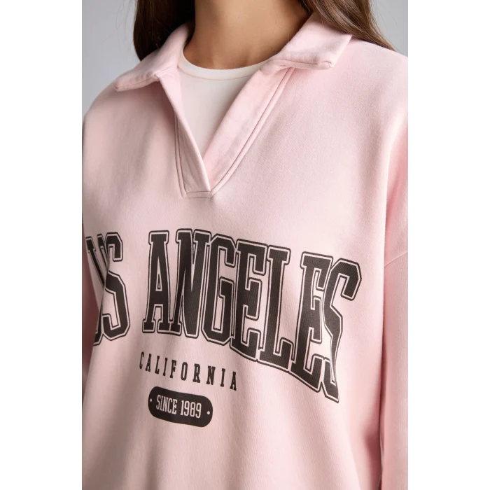 Defacto I6215AXPN38 Pembe Regular Fıt Kaçık Yaka Baskılı Kalın Sweatshirt Kumaşı Sweatshirt