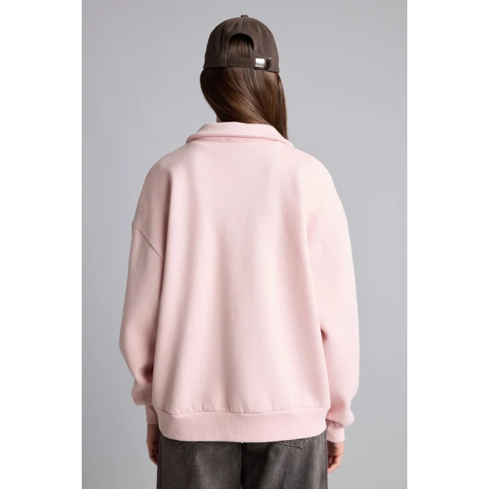 Defacto I6215AXPN38 Pembe Regular Fıt Kaçık Yaka Baskılı Kalın Sweatshirt Kumaşı Sweatshirt