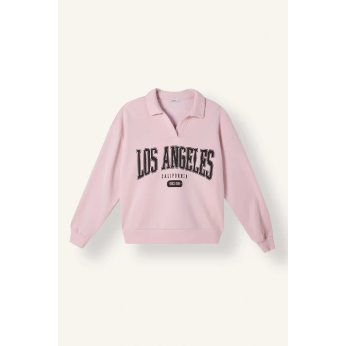 Defacto I6215AXPN38 Pembe Regular Fıt Kaçık Yaka Baskılı Kalın Sweatshirt Kumaşı Sweatshirt