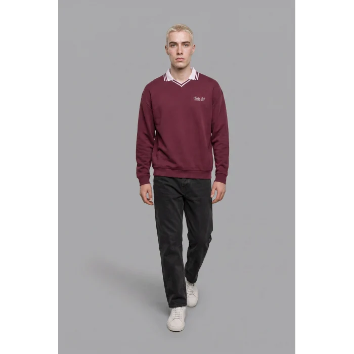 Defacto H8778AXBR170 Bordo %100 Pamuk Boxy Fit Çizgili Polo Yaka Baskılı Waffle Sweatshirt