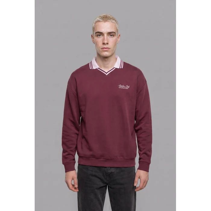 Defacto H8778AXBR170 Bordo %100 Pamuk Boxy Fit Çizgili Polo Yaka Baskılı Waffle Sweatshirt