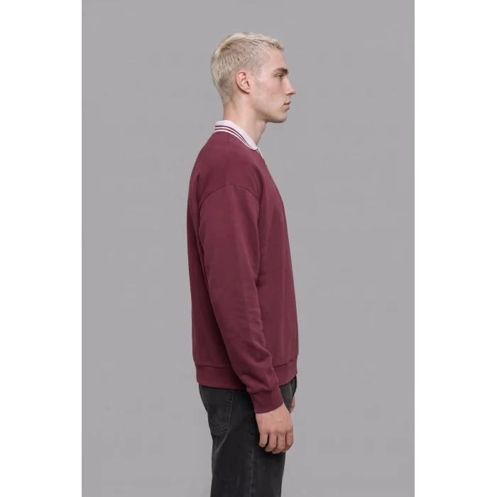 Defacto H8778AXBR170 Bordo %100 Pamuk Boxy Fit Çizgili Polo Yaka Baskılı Waffle Sweatshirt