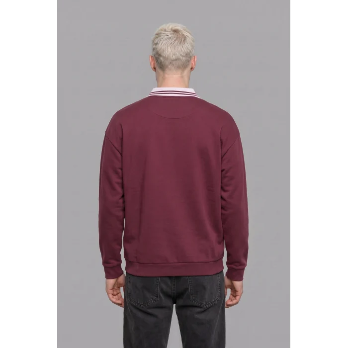 Defacto H8778AXBR170 Bordo %100 Pamuk Boxy Fit Çizgili Polo Yaka Baskılı Waffle Sweatshirt