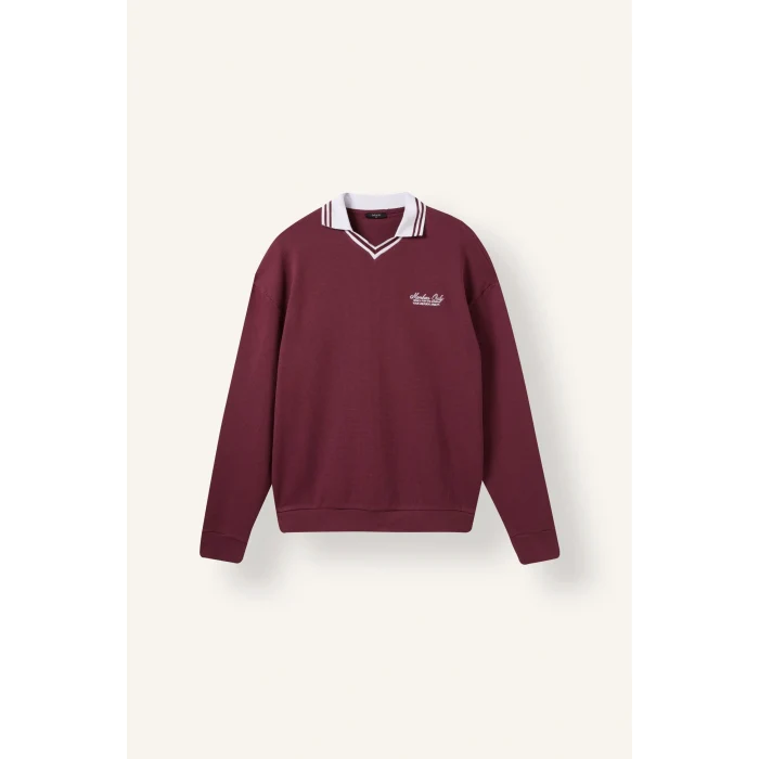 Defacto H8778AXBR170 Bordo %100 Pamuk Boxy Fit Çizgili Polo Yaka Baskılı Waffle Sweatshirt