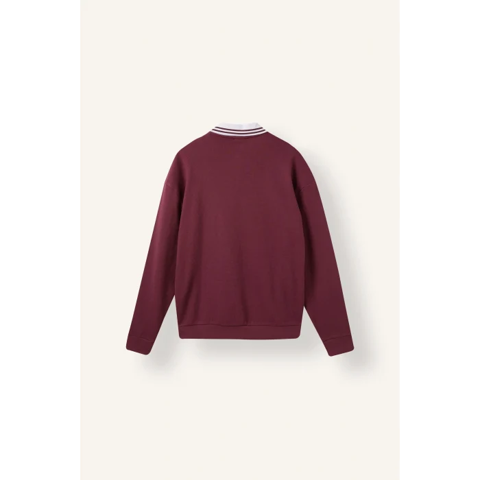 Defacto H8778AXBR170 Bordo %100 Pamuk Boxy Fit Çizgili Polo Yaka Baskılı Waffle Sweatshirt