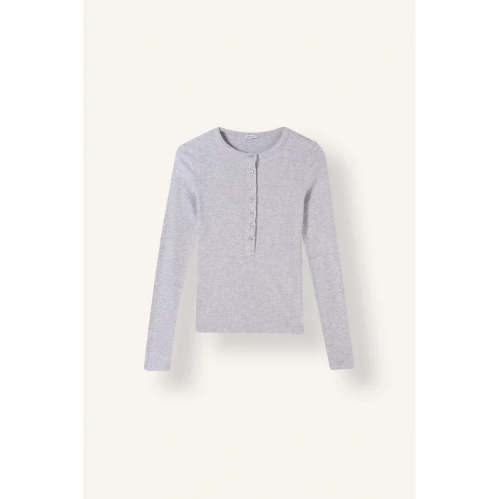 Defacto I6397AXGR256 Gri Fitted Fitilli Yarım Düğmeli Henley Yaka Uzun Kollu Basic Tişört