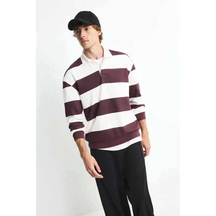 Defacto F0857AXBR150 Bordo Boxy Fit Rahat Kesim Polo Yaka Düğmeli Çizgili Sweatshirt