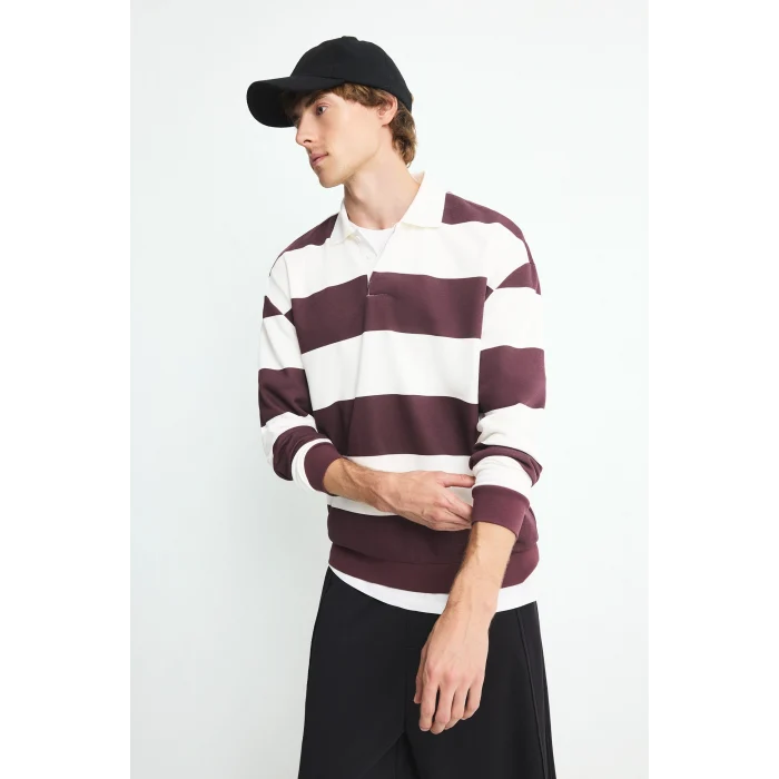Defacto F0857AXBR150 Bordo Boxy Fit Rahat Kesim Polo Yaka Düğmeli Çizgili Sweatshirt