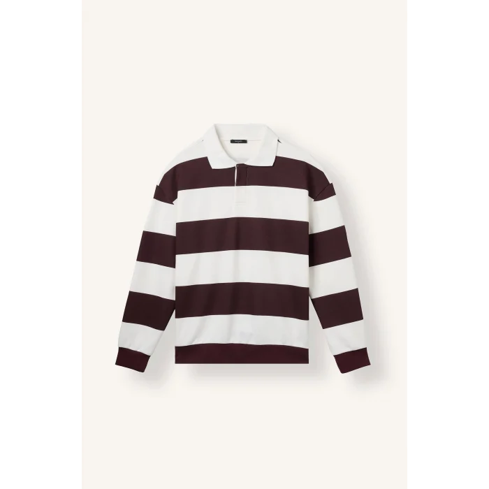 Defacto F0857AXBR150 Bordo Boxy Fit Rahat Kesim Polo Yaka Düğmeli Çizgili Sweatshirt