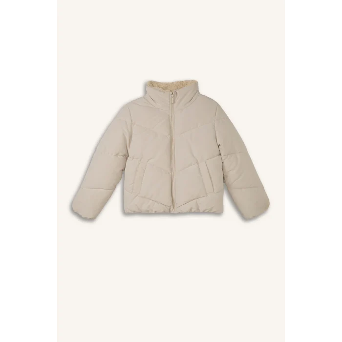 Defacto H8014A8ER37 Ekru Oversize Peluş Yaka İçi Detaylı Kapitone Fermuarlı Şişme Mont Kız Çocuk