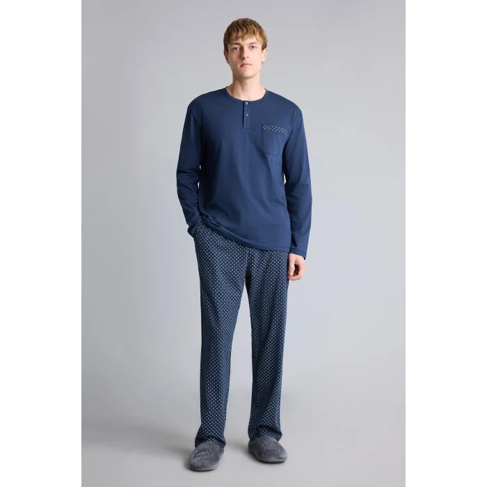 Defacto I2490AXNV135 Lacivert %100 Pamuk New Regular Fit Henley Yaka Cepli Uzun Kollu 2li Pijama Takımı