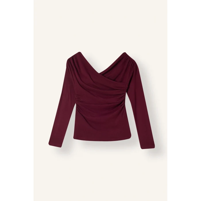 Defacto G7805AXBR115 Bordo Slım Fıt Wrap Yaka Ribana Uzun Kollu Tişört