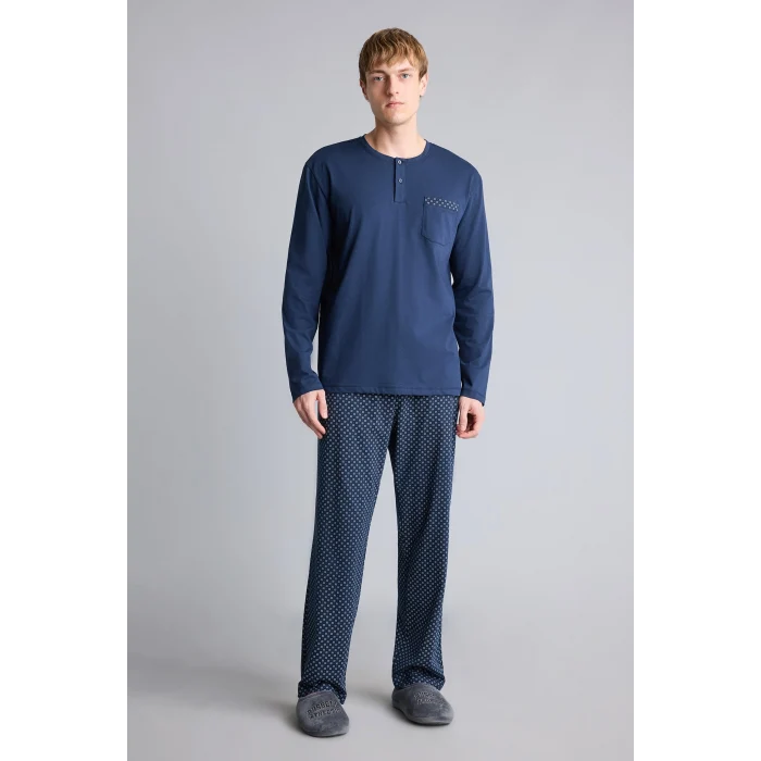 Defacto I2490AXNV135 Lacivert %100 Pamuk New Regular Fit Henley Yaka Cepli Uzun Kollu 2li Pijama Takımı