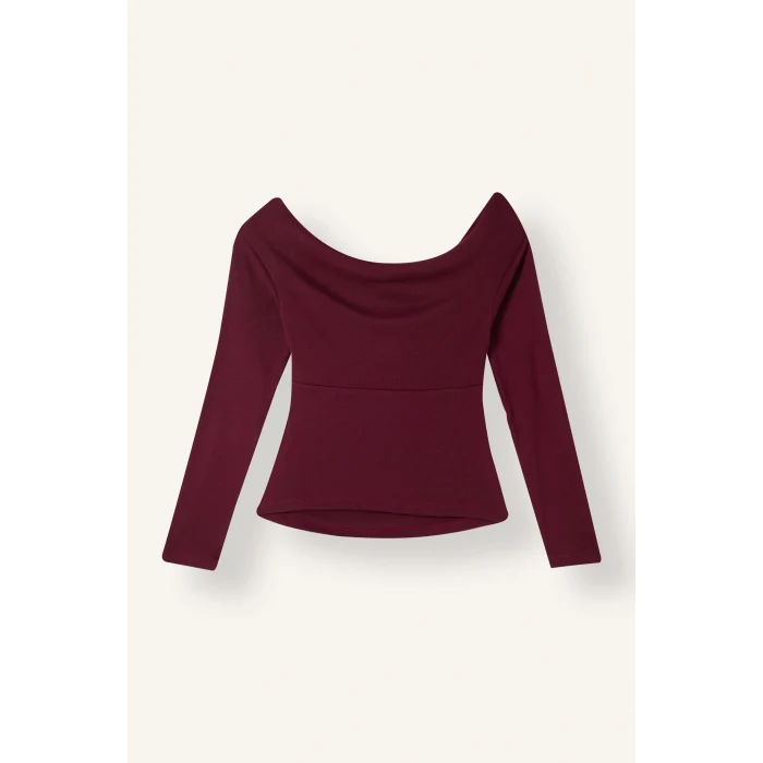 Defacto G7805AXBR115 Bordo Slım Fıt Wrap Yaka Ribana Uzun Kollu Tişört
