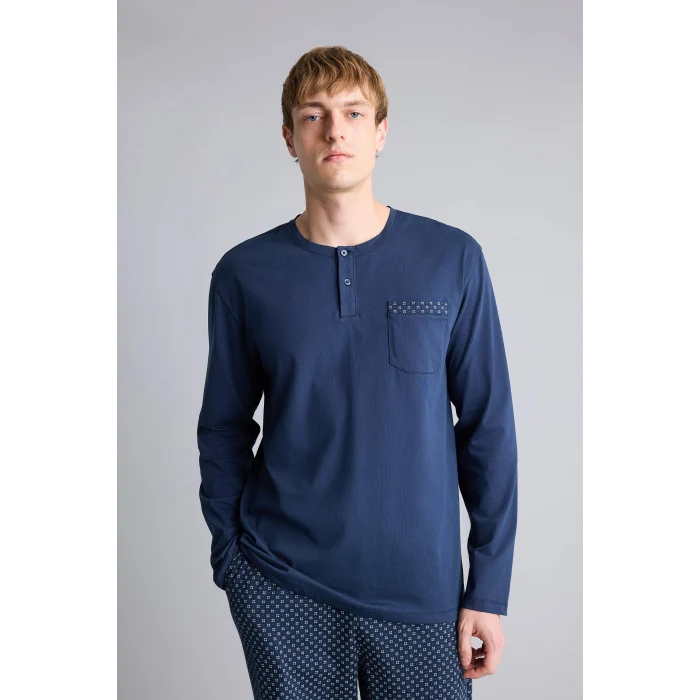 Defacto I2490AXNV135 Lacivert %100 Pamuk New Regular Fit Henley Yaka Cepli Uzun Kollu 2li Pijama Takımı
