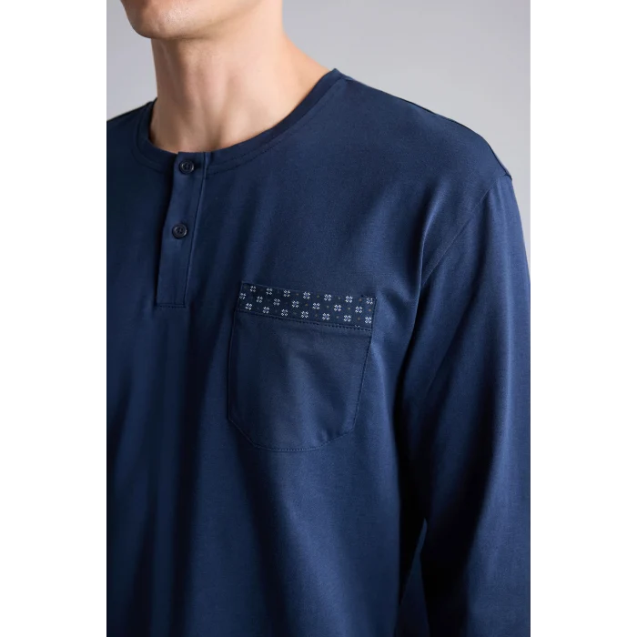 Defacto I2490AXNV135 Lacivert %100 Pamuk New Regular Fit Henley Yaka Cepli Uzun Kollu 2li Pijama Takımı