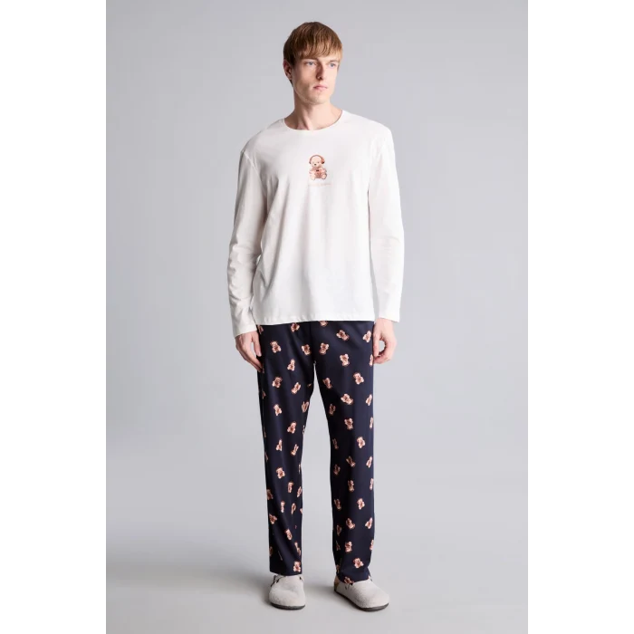 Defacto I3176AXER98 Ekru %100 Pamuk Regular Fit Baskılı Uzun Kollu 2li Pijama Takımı