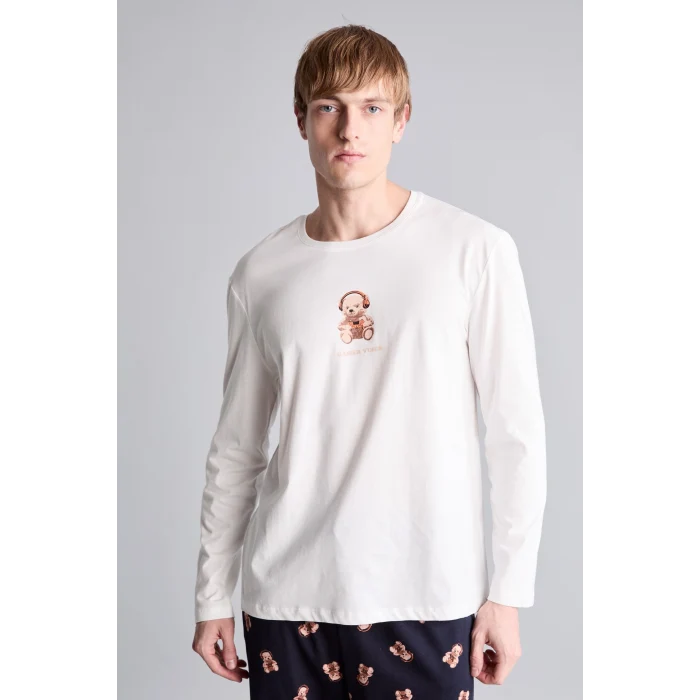 Defacto I3176AXER98 Ekru %100 Pamuk Regular Fit Baskılı Uzun Kollu 2li Pijama Takımı