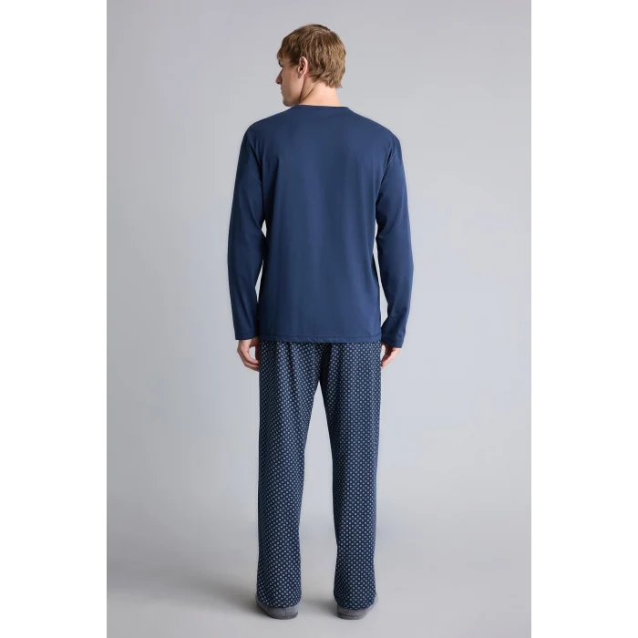 Defacto I2490AXNV135 Lacivert %100 Pamuk New Regular Fit Henley Yaka Cepli Uzun Kollu 2li Pijama Takımı